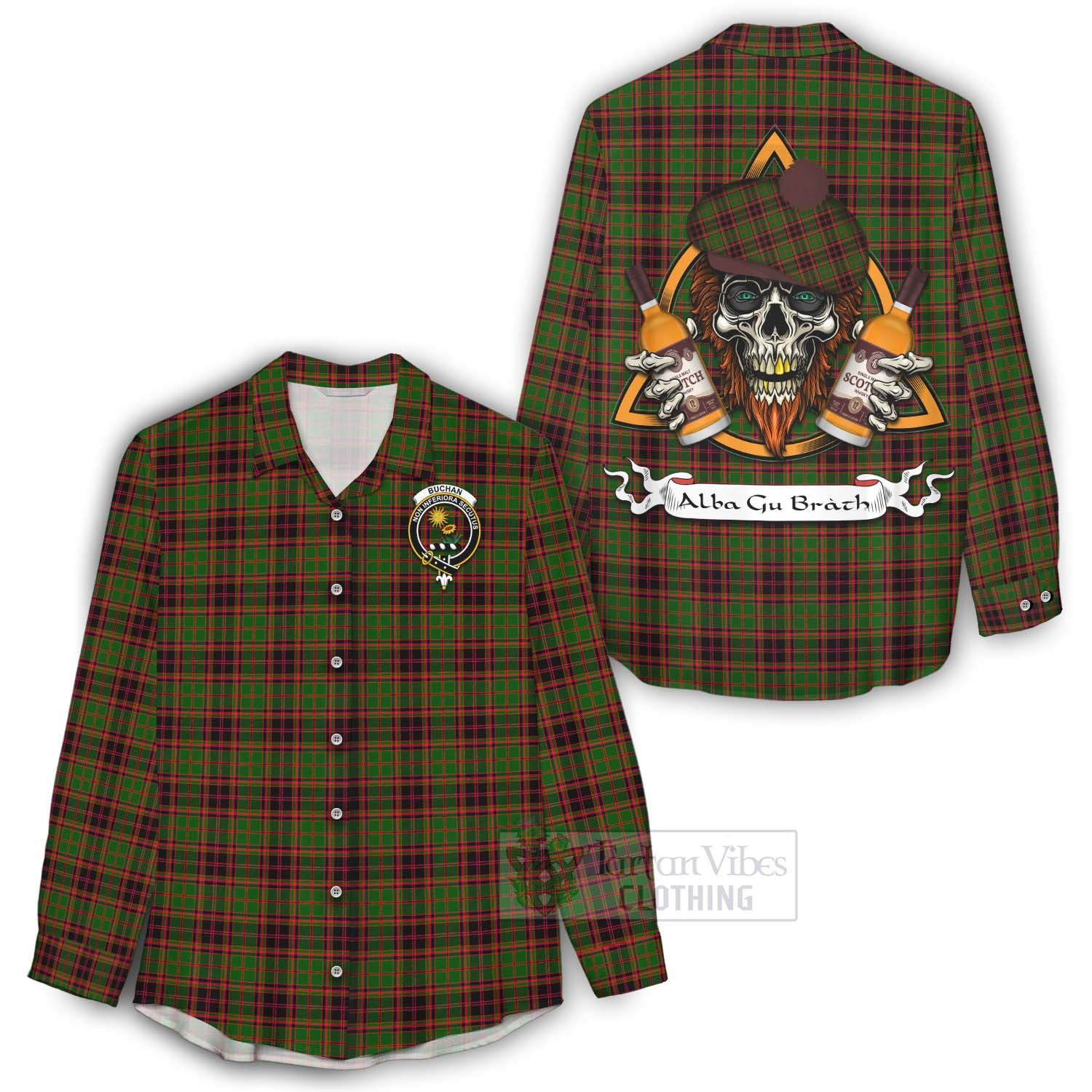 Tartan Vibes Clothing Buchan Tartan Women's Casual Shirt with Family Crest and Bearded Skull Holding Bottles of Whiskey