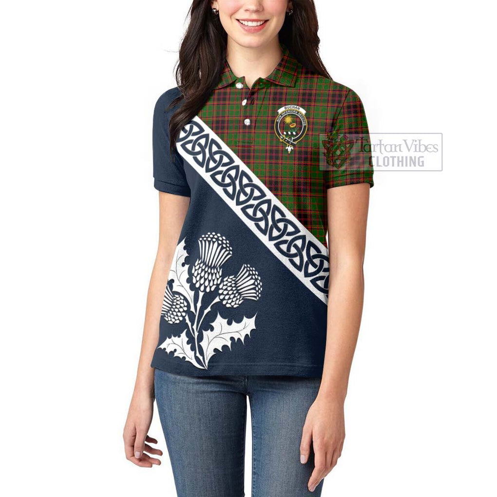 Tartan Vibes Clothing Buchan Tartan Women's Polo Shirt Featuring Thistle and Scotland Map