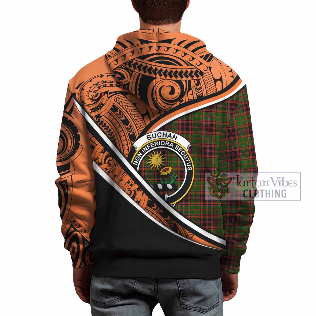 Tartan Vibes Clothing Buchan Crest Tartan Hoodie with Maori Tattoo Style - Orange Version