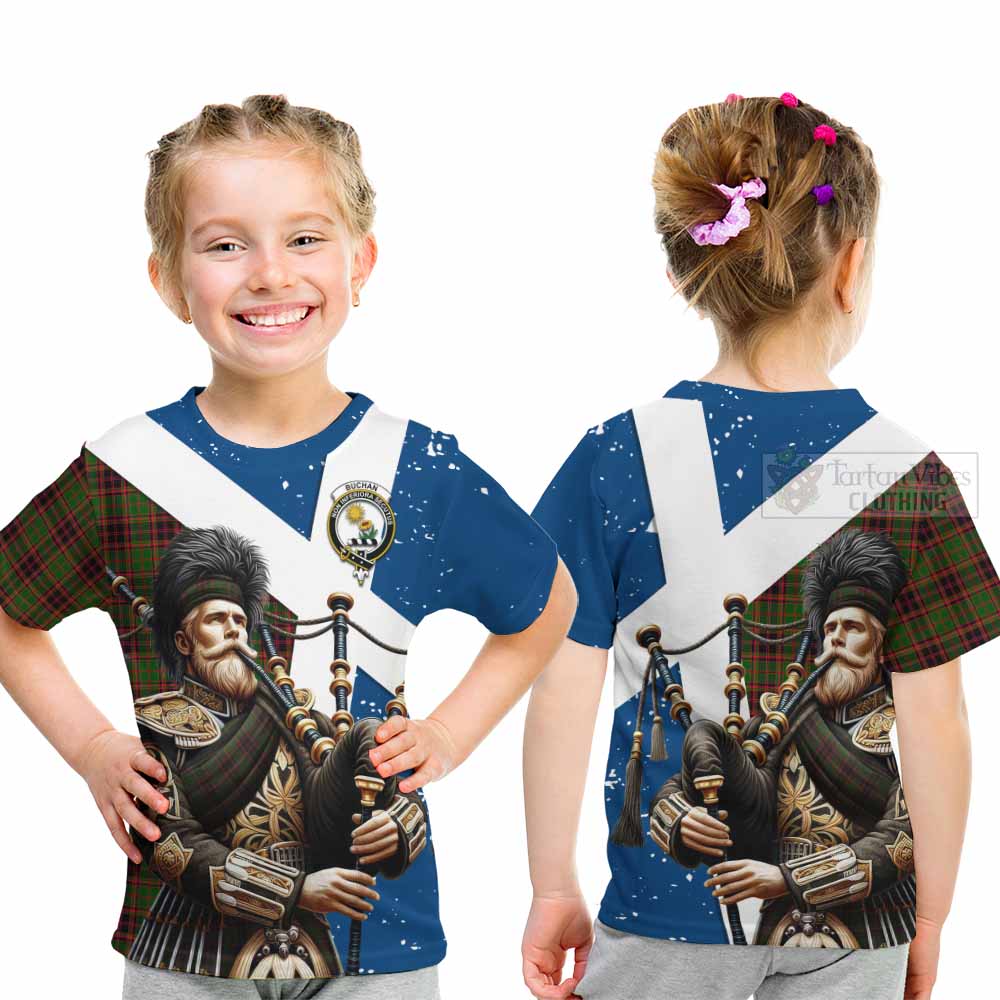 Tartan Vibes Clothing Buchan Tartan Kid T-Shirt with Family Crest Scottish Bagpiper Vibes