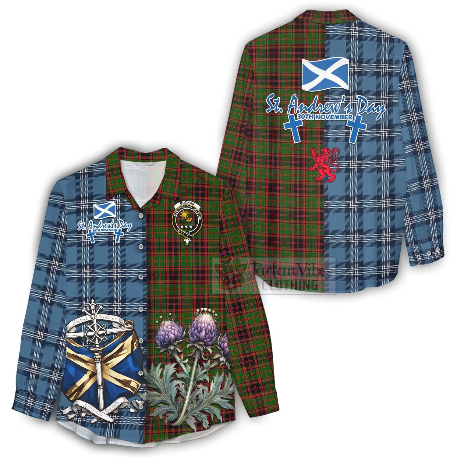 Tartan Vibes Clothing Buchan Tartan Women's Casual Shirt Happy St. Andrew's Day Half Tartan Style