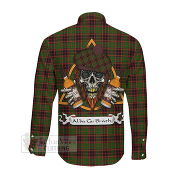 Buchan Tartan Long Sleeve Button Shirt with Family Crest and Bearded Skull Holding Bottles of Whiskey