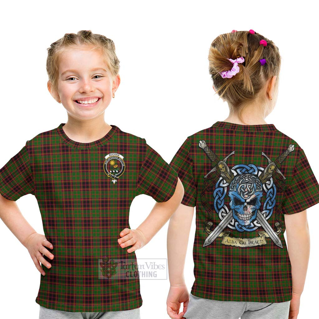 Tartan Vibes Clothing Buchan Tartan Kid T-Shirt with Family Crest Celtic Skull Style