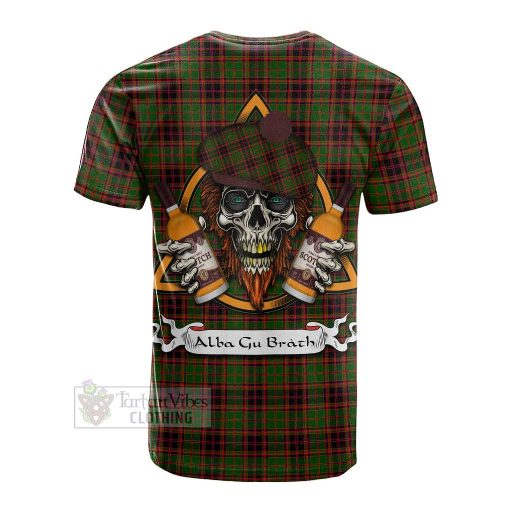 Tartan Vibes Clothing Buchan Tartan Cotton T-shirt with Family Crest and Bearded Skull Holding Bottles of Whiskey