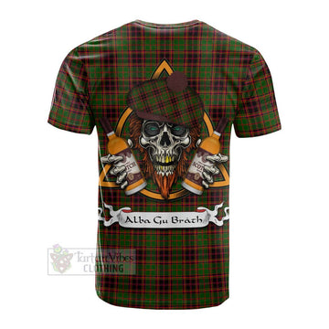 Buchan Tartan Cotton T-shirt with Family Crest and Bearded Skull Holding Bottles of Whiskey