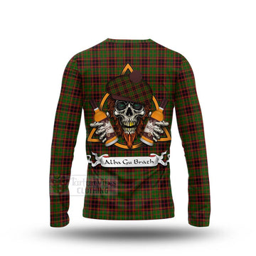 Buchan Tartan Long Sleeve T-Shirt with Family Crest and Bearded Skull Holding Bottles of Whiskey