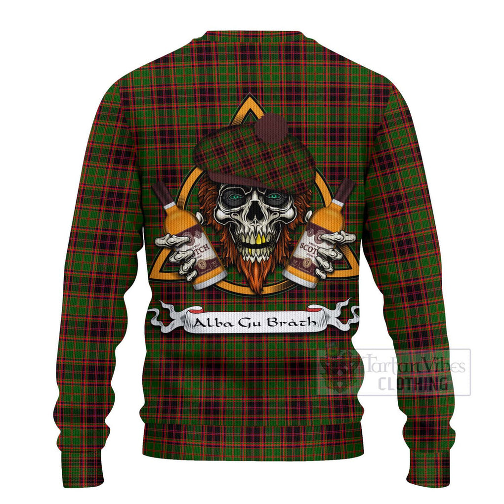 Tartan Vibes Clothing Buchan Tartan Knitted Sweater with Family Crest and Bearded Skull Holding Bottles of Whiskey