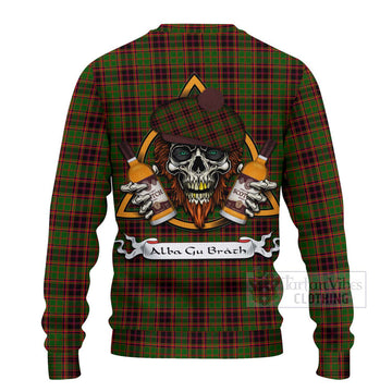 Buchan Tartan Ugly Sweater with Family Crest and Bearded Skull Holding Bottles of Whiskey