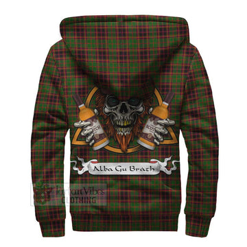 Buchan Tartan Sherpa Hoodie with Family Crest and Bearded Skull Holding Bottles of Whiskey