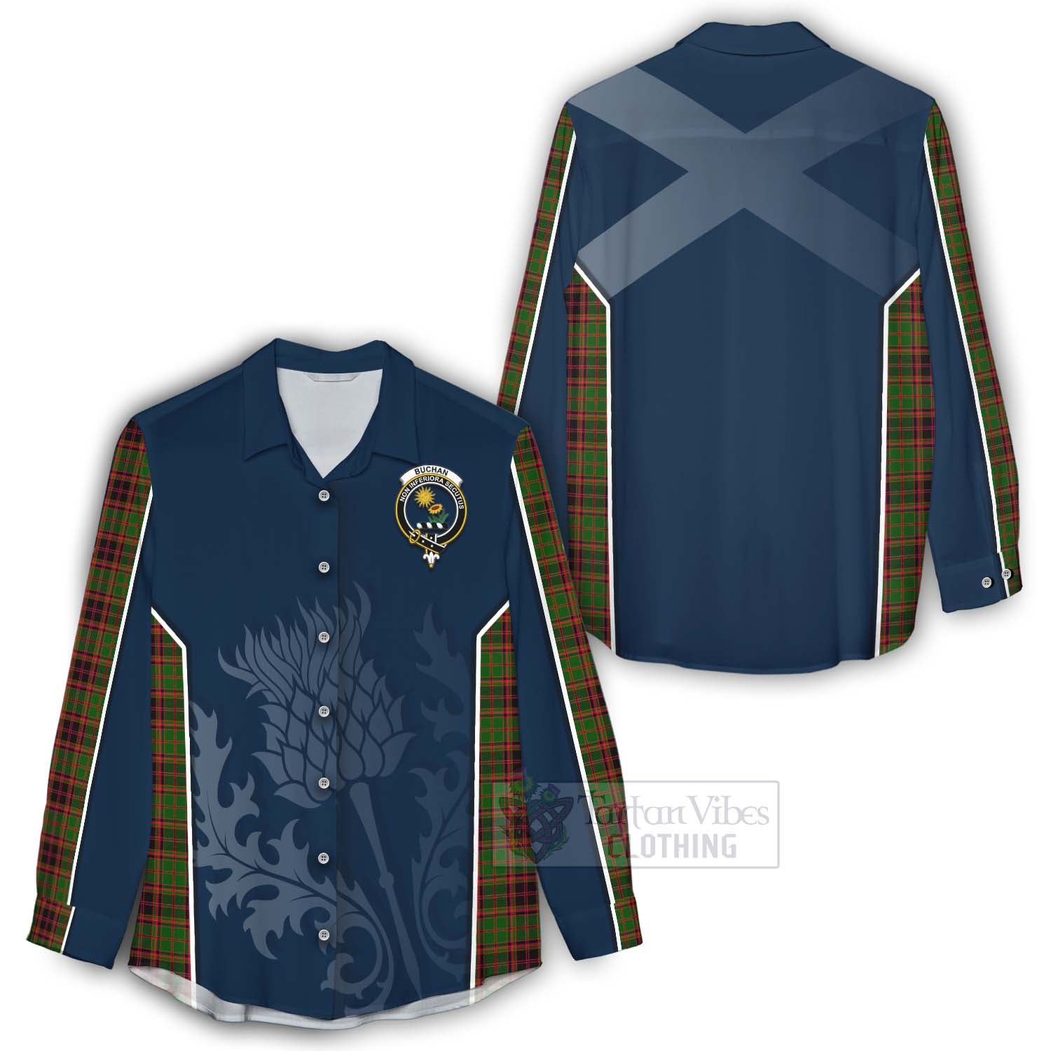 Tartan Vibes Clothing Buchan Tartan Women's Casual Shirt with Family Crest and Scottish Thistle Vibes Sport Style