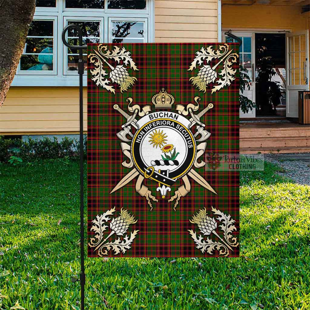 Tartan Vibes Clothing Buchan Tartan Flag with Family Crest and Golden Thistle Crossed Sword Design