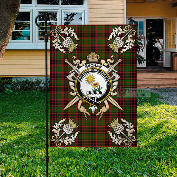 Buchan Tartan Flag with Family Crest and Golden Thistle Crossed Sword Design