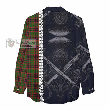 Buchan Tartan Women's Casual Shirt with Family Crest Cross Sword Thistle Celtic Vibes