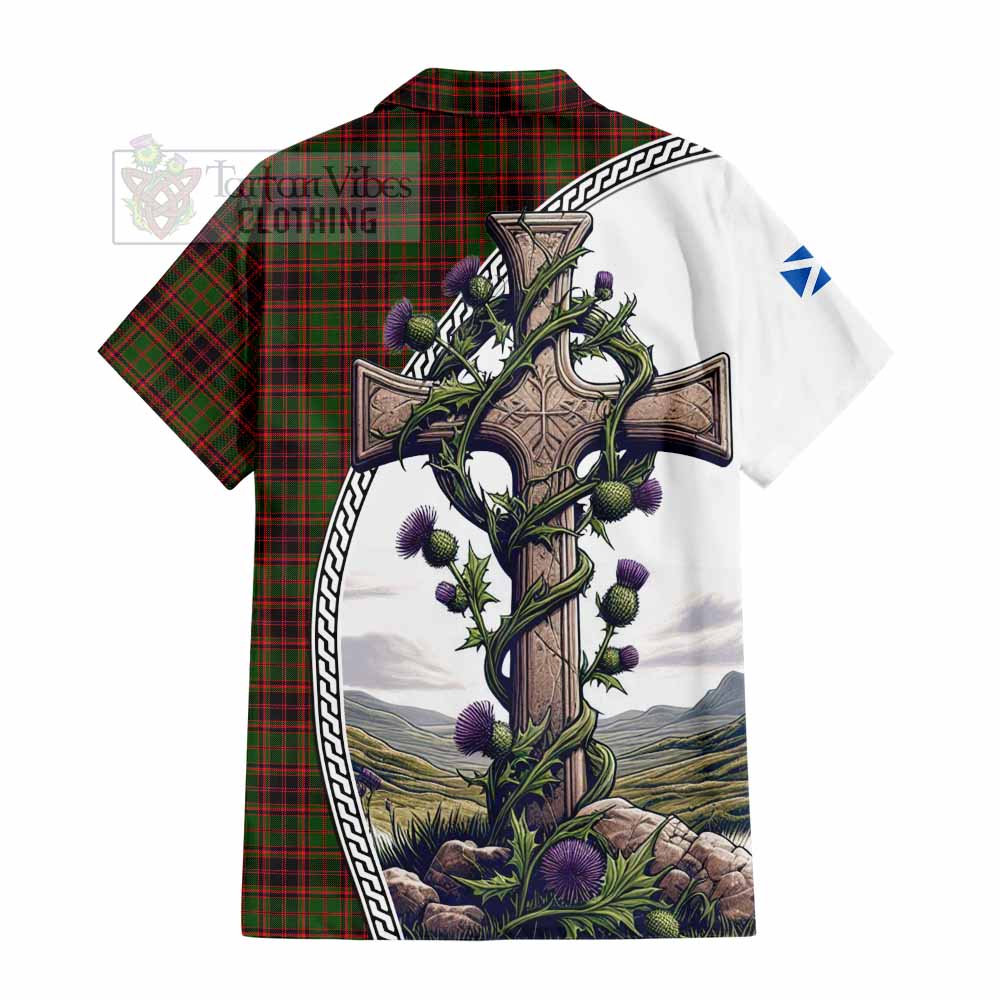 Tartan Vibes Clothing Buchan Tartan Short Sleeve Button Shirt with Family Crest and St. Andrew's Cross Accented by Thistle Vines