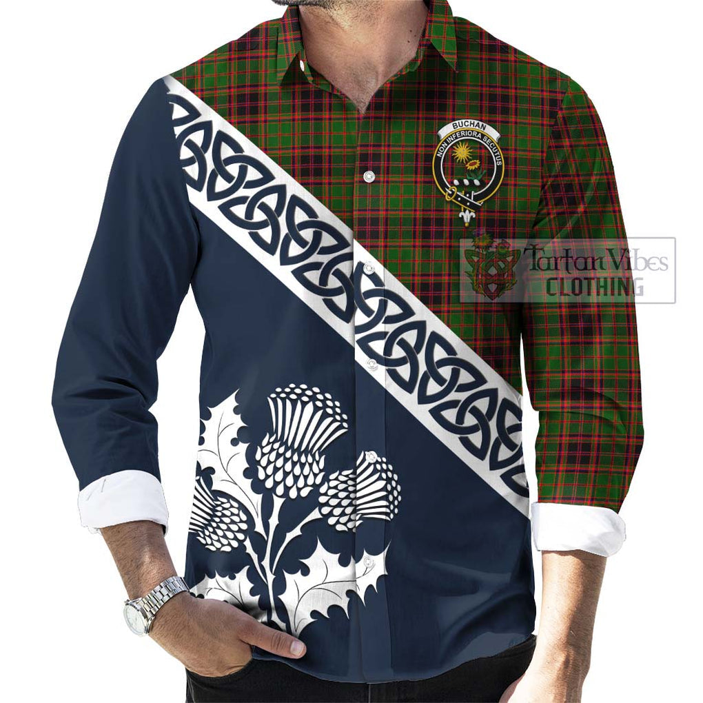 Tartan Vibes Clothing Buchan Tartan Long Sleeve Button Shirt Featuring Thistle and Scotland Map