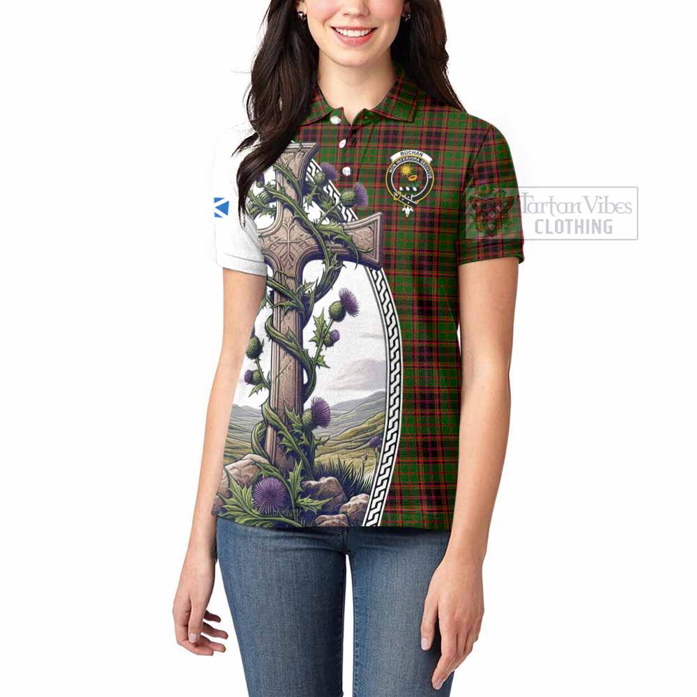 Tartan Vibes Clothing Buchan Tartan Women's Polo Shirt with Family Crest and St. Andrew's Cross Accented by Thistle Vines