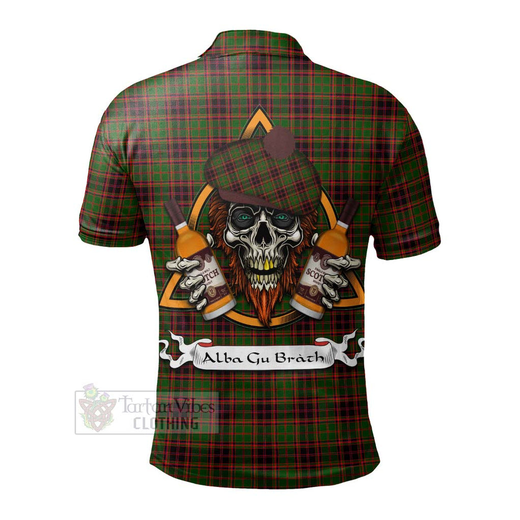 Tartan Vibes Clothing Buchan Tartan Polo Shirt with Family Crest and Bearded Skull Holding Bottles of Whiskey