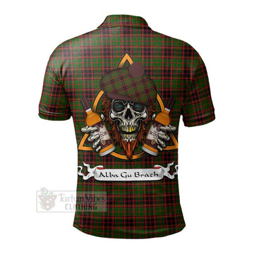 Buchan Tartan Polo Shirt with Family Crest and Bearded Skull Holding Bottles of Whiskey