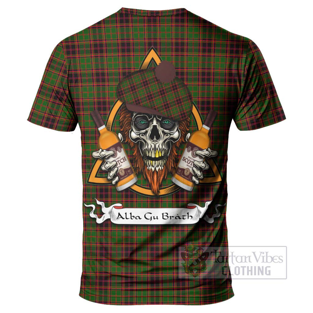 Tartan Vibes Clothing Buchan Tartan T-Shirt with Family Crest and Bearded Skull Holding Bottles of Whiskey