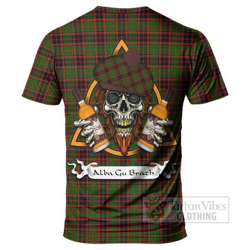 Buchan Tartan T-Shirt with Family Crest and Bearded Skull Holding Bottles of Whiskey