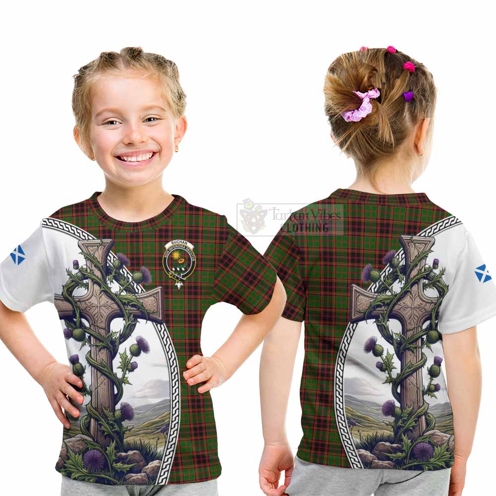 Tartan Vibes Clothing Buchan Tartan Kid T-Shirt with Family Crest and St. Andrew's Cross Accented by Thistle Vines