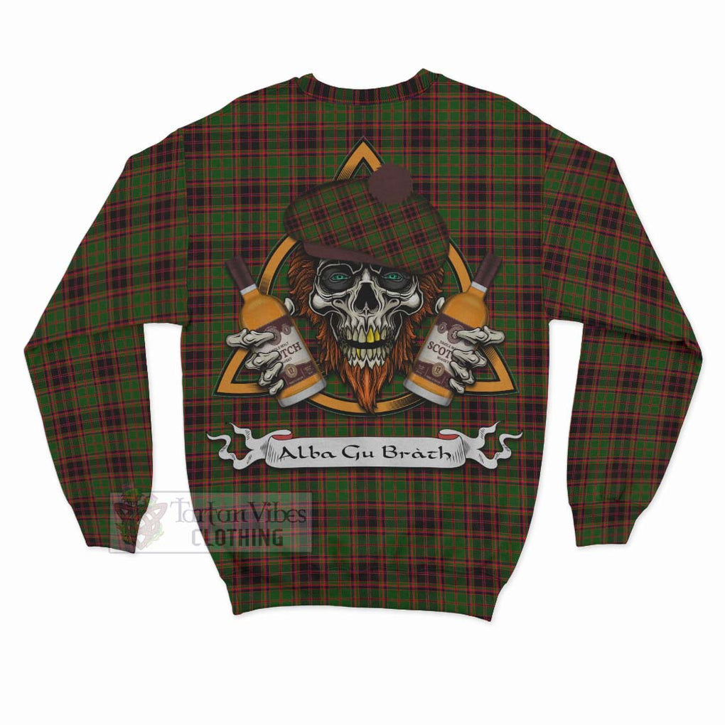 Tartan Vibes Clothing Buchan Tartan Sweatshirt with Family Crest and Bearded Skull Holding Bottles of Whiskey