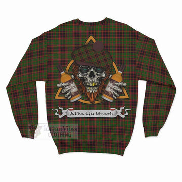 Buchan Tartan Sweatshirt with Family Crest and Bearded Skull Holding Bottles of Whiskey