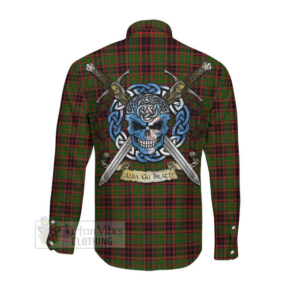 Tartan Vibes Clothing Buchan Tartan Long Sleeve Button Shirt with Family Crest Celtic Skull Style