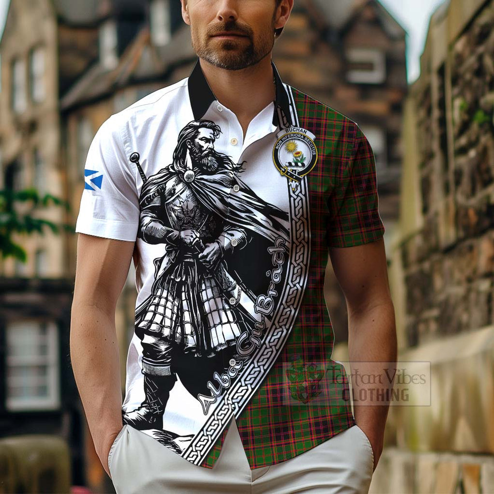 Tartan Vibes Clothing Buchan Tartan Clan Crest Short Sleeve Button Shirt with Highlander Warrior Celtic Style