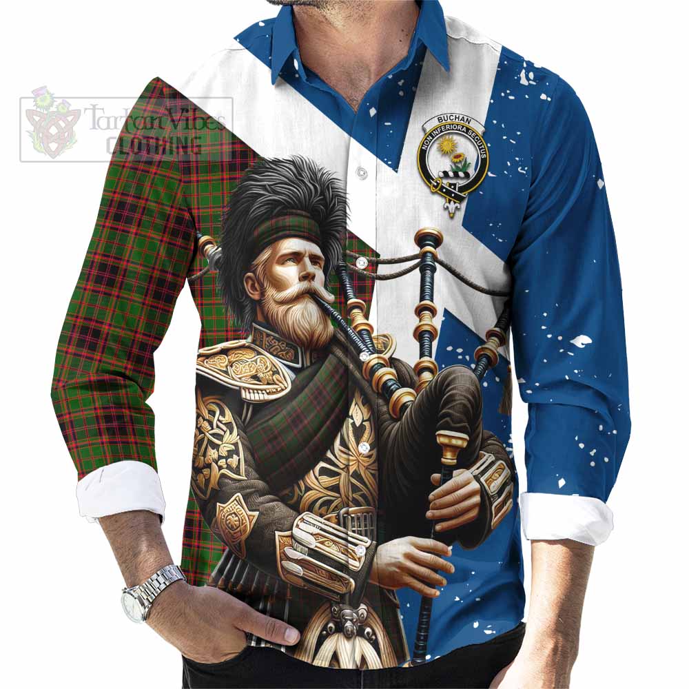 Tartan Vibes Clothing Buchan Tartan Long Sleeve Button Shirt with Family Crest Scottish Bagpiper Vibes