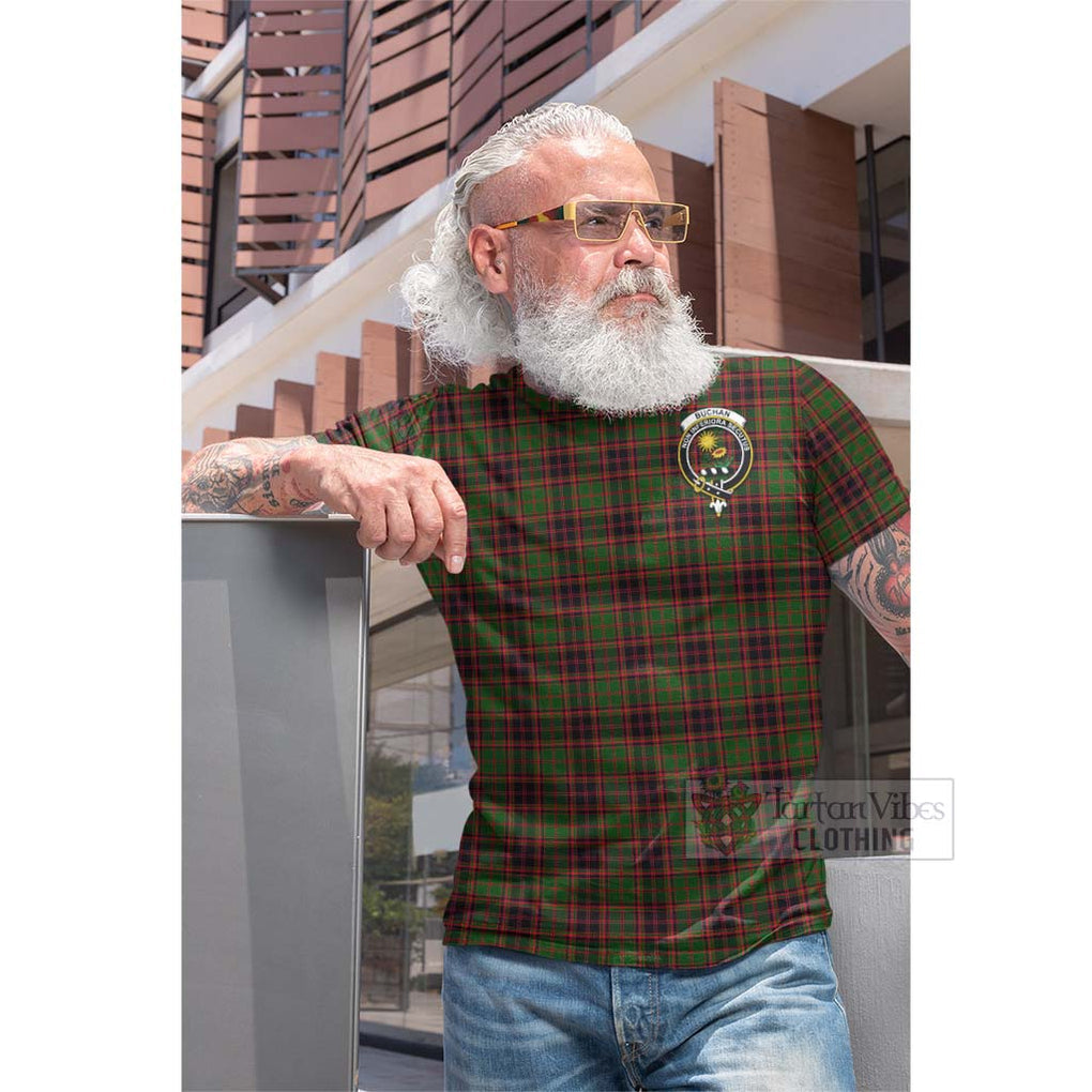 Tartan Vibes Clothing Buchan Tartan Cotton T-shirt with Family Crest and Bearded Skull Holding Bottles of Whiskey