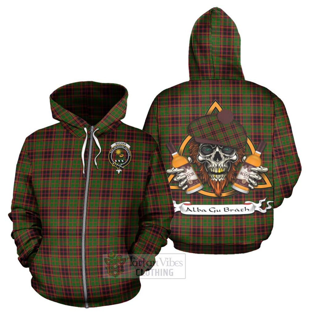 Tartan Vibes Clothing Buchan Tartan Hoodie with Family Crest and Bearded Skull Holding Bottles of Whiskey