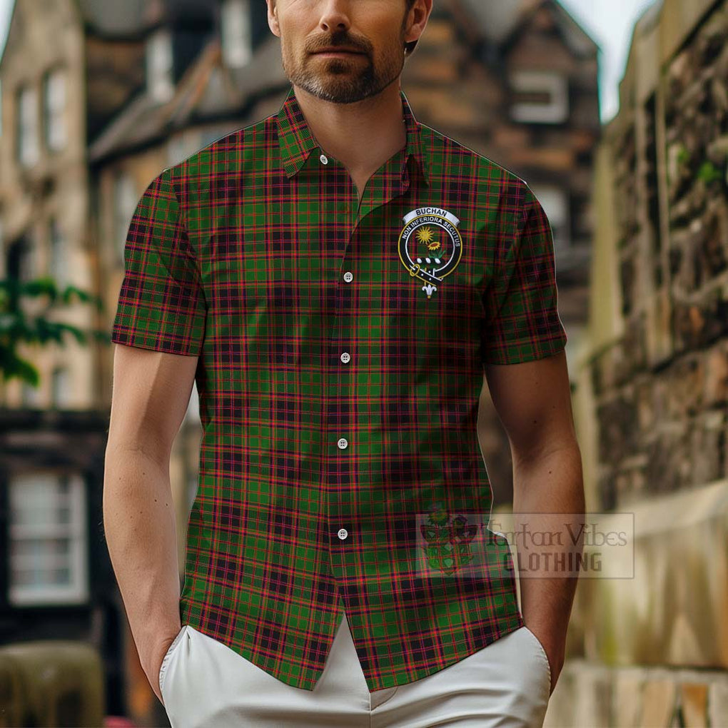 Tartan Vibes Clothing Buchan Tartan Short Sleeve Button Shirt with Family Crest Celtic Skull Style