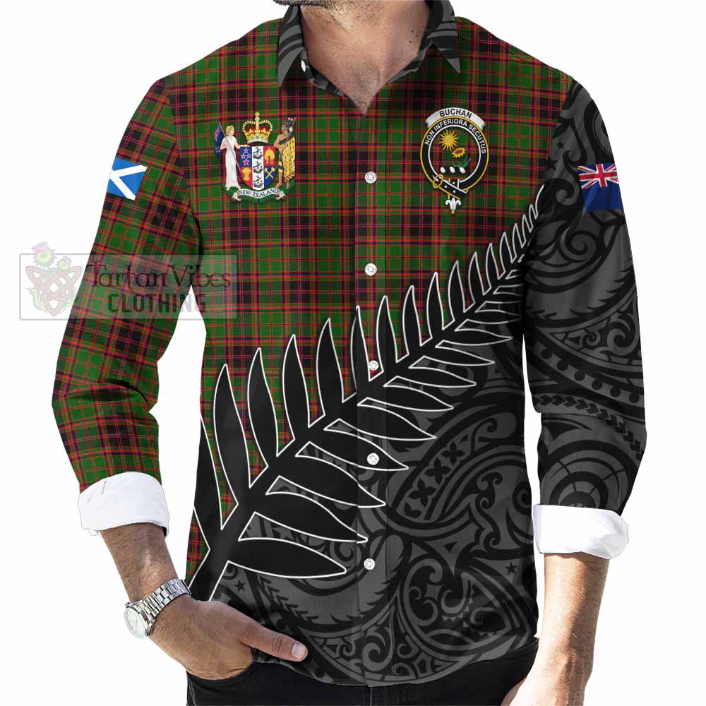 Tartan Vibes Clothing Buchan Crest Tartan Long Sleeve Button Shirt with New Zealand Silver Fern Half Style