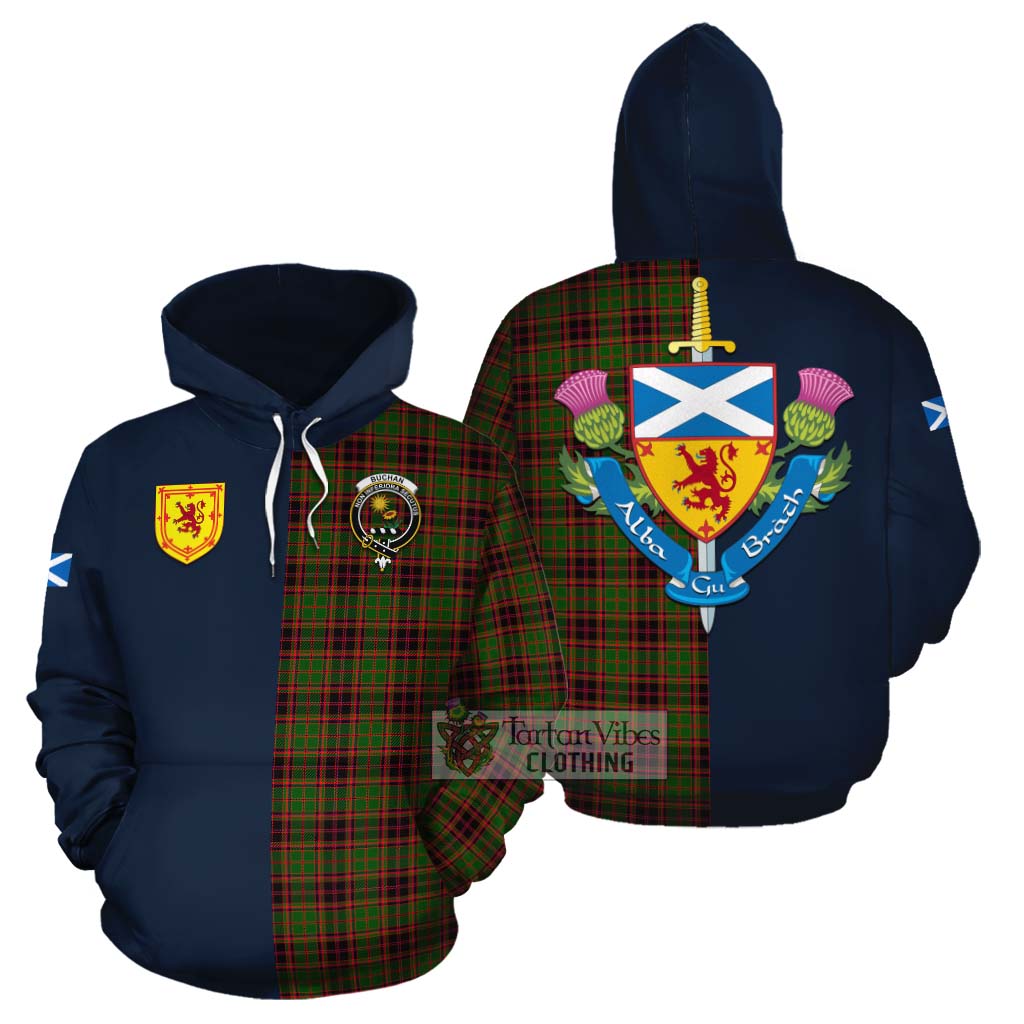 Tartan Vibes Clothing Buchan Tartan Cotton Hoodie Alba with Scottish Lion Royal Arm Half Style