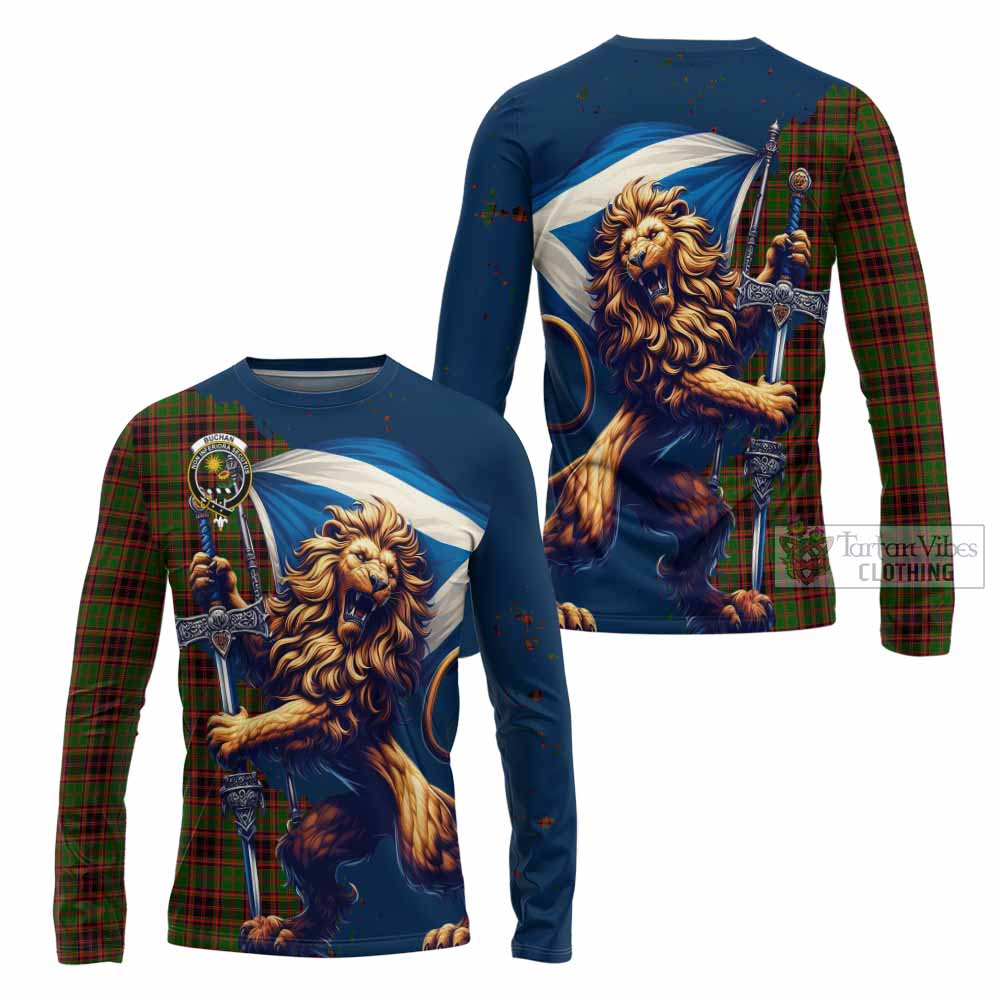 Tartan Vibes Clothing Buchan Tartan Family Crest Long Sleeve T-Shirt with Scottish Majestic Lion