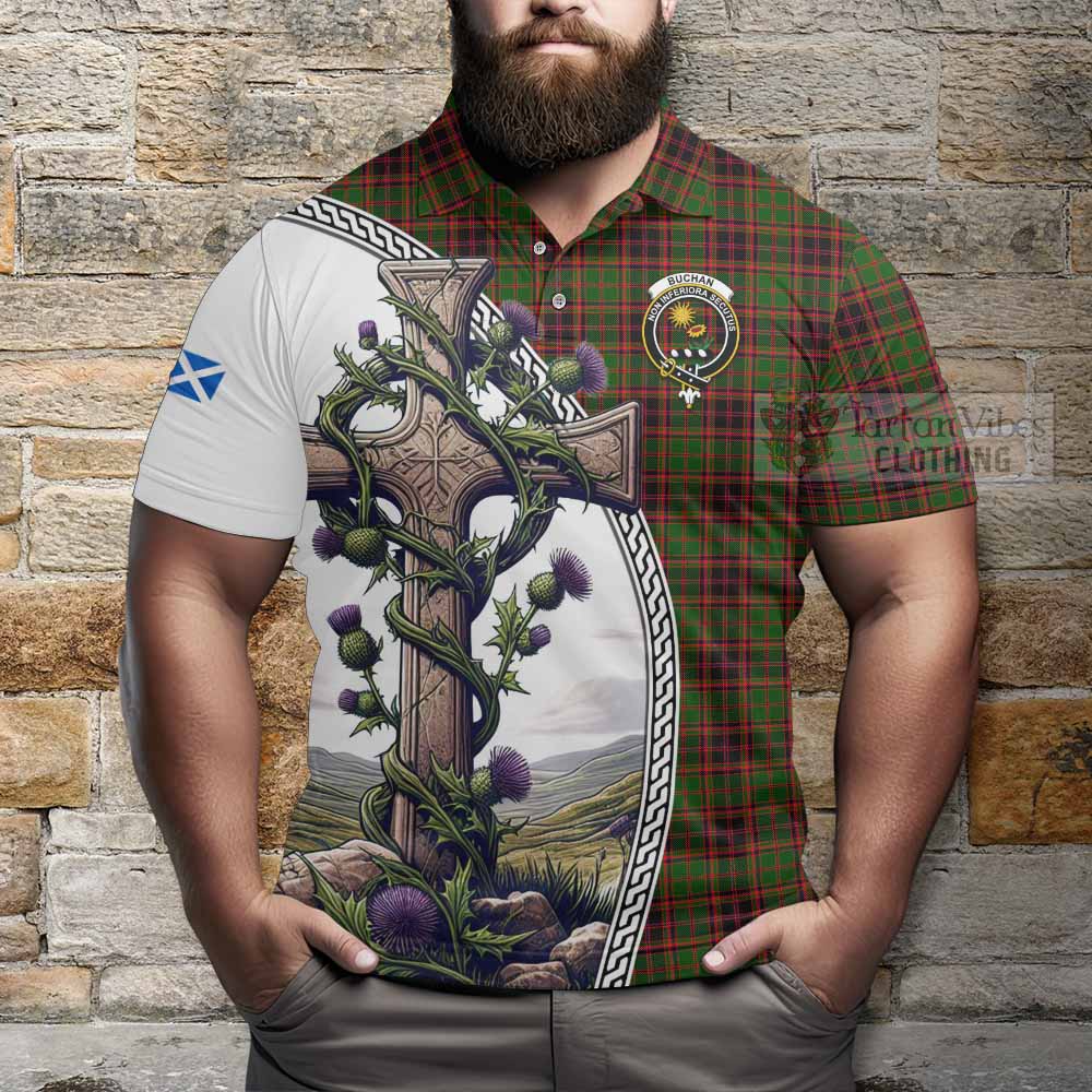 Tartan Vibes Clothing Buchan Tartan Polo Shirt with Family Crest and St. Andrew's Cross Accented by Thistle Vines