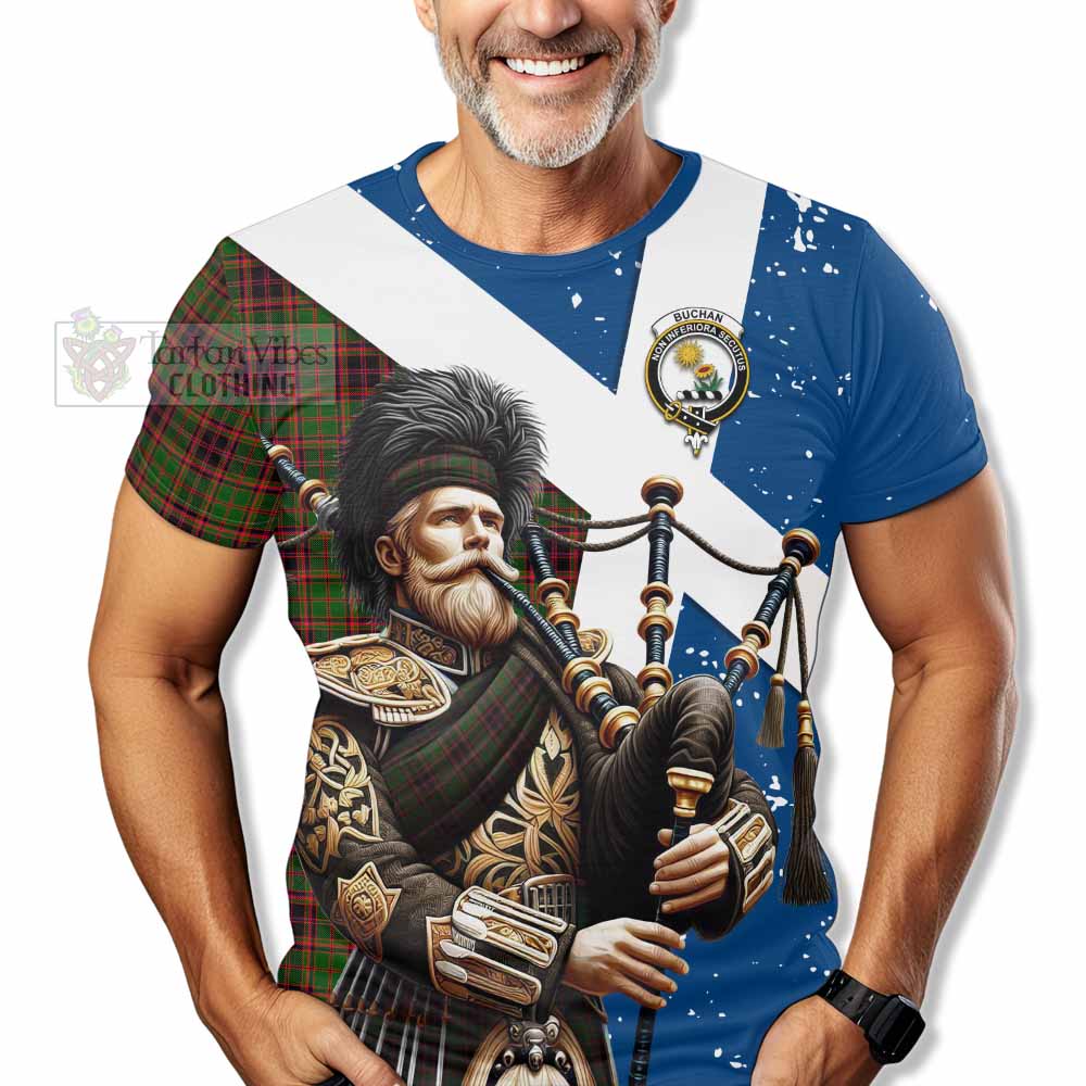 Tartan Vibes Clothing Buchan Tartan T-Shirt with Family Crest Scottish Bagpiper Vibes