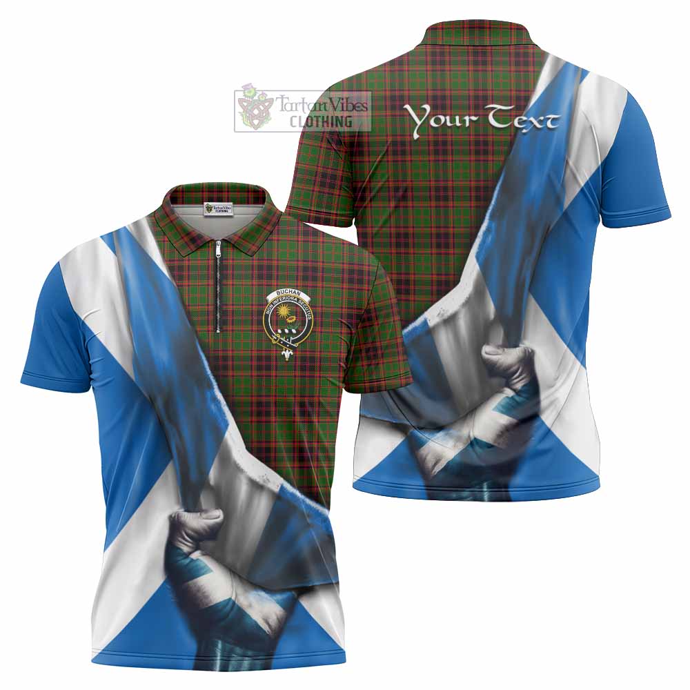 Tartan Vibes Clothing Buchan Tartan Zipper Polo Shirt with Family Crest Scotland Patriotic Style