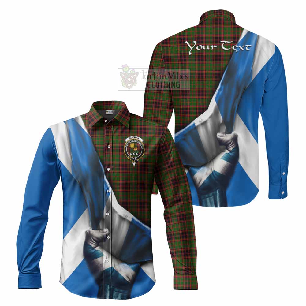 Tartan Vibes Clothing Buchan Tartan Long Sleeve Button Shirt with Family Crest Scotland Patriotic Style