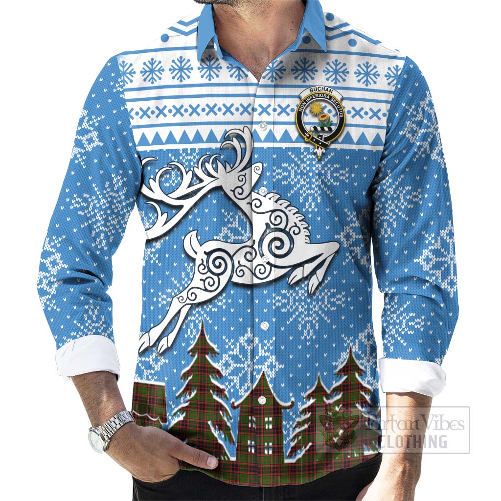 Tartan Vibes Clothing Buchan Clan Christmas Long Sleeve Button Shirt Celtic Reindeer Style