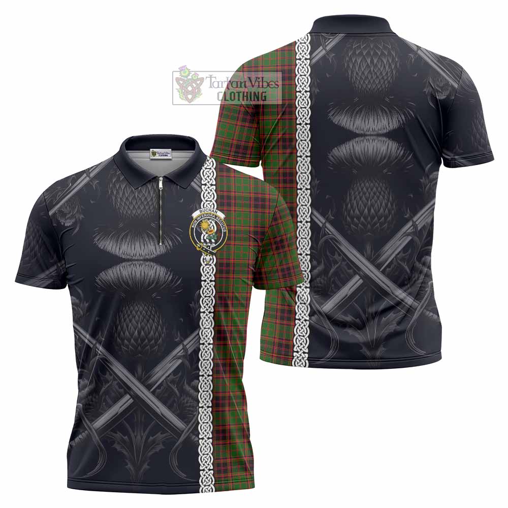 Tartan Vibes Clothing Buchan Tartan Zipper Polo Shirt with Family Crest Cross Sword Thistle Celtic Vibes