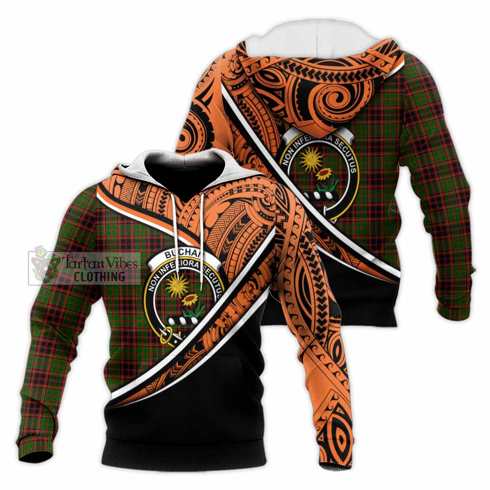 Tartan Vibes Clothing Buchan Crest Tartan Knitted Hoodie with Maori Tattoo Style - Orange Version