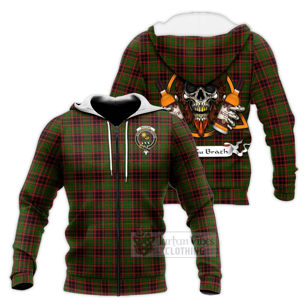 Tartan Vibes Clothing Buchan Tartan Knitted Hoodie with Family Crest and Bearded Skull Holding Bottles of Whiskey