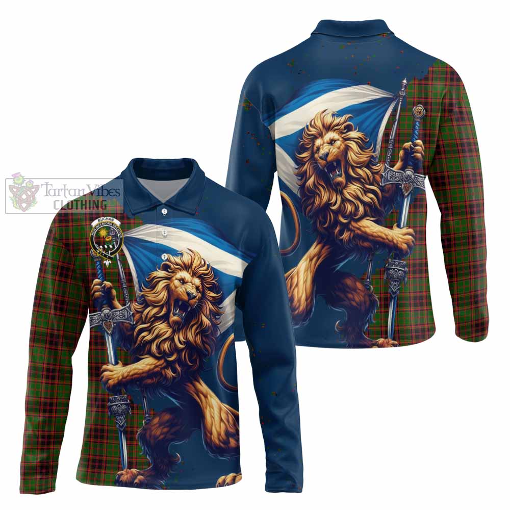 Tartan Vibes Clothing Buchan Tartan Family Crest Long Sleeve Polo Shirt with Scottish Majestic Lion