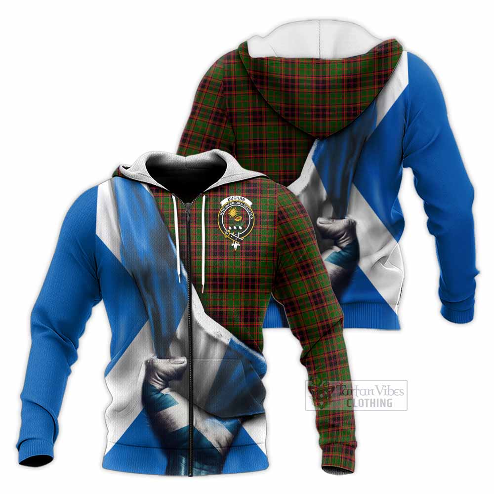 Tartan Vibes Clothing Buchan Tartan Knitted Hoodie with Family Crest Scotland Patriotic Style