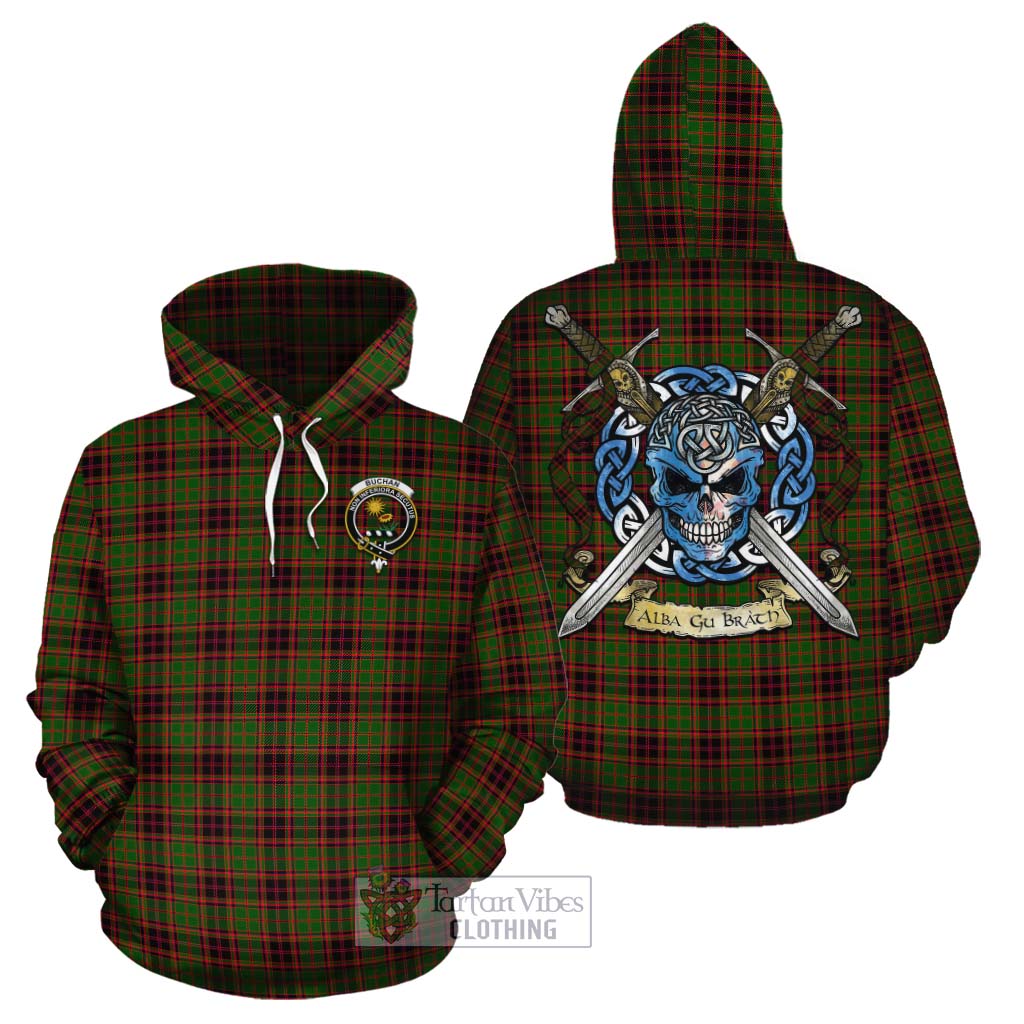 Tartan Vibes Clothing Buchan Tartan Cotton Hoodie with Family Crest Celtic Skull Style