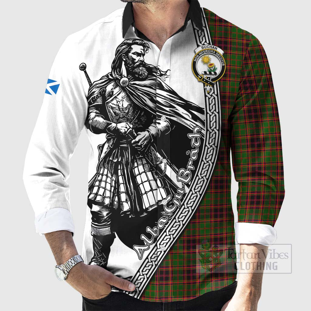 Tartan Vibes Clothing Buchan Tartan Clan Crest Long Sleeve Button Shirt with Highlander Warrior Celtic Style