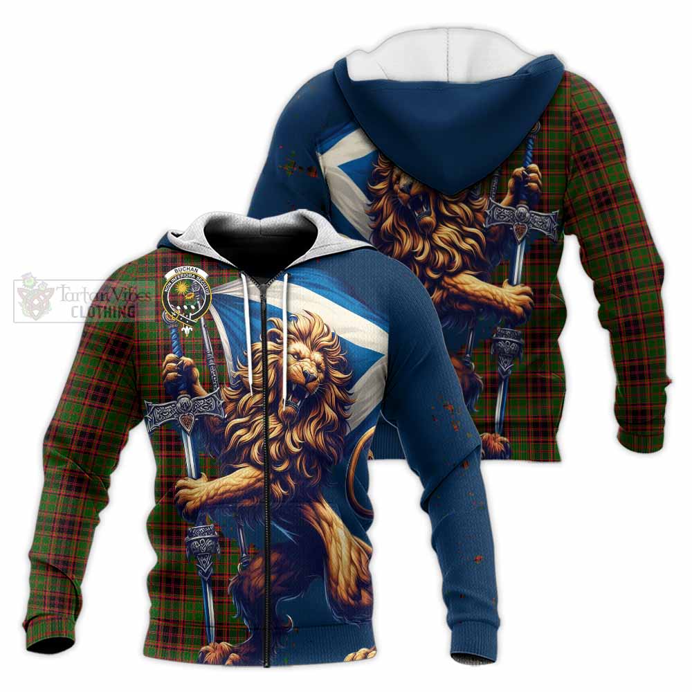 Tartan Vibes Clothing Buchan Tartan Family Crest Knitted Hoodie with Scottish Majestic Lion