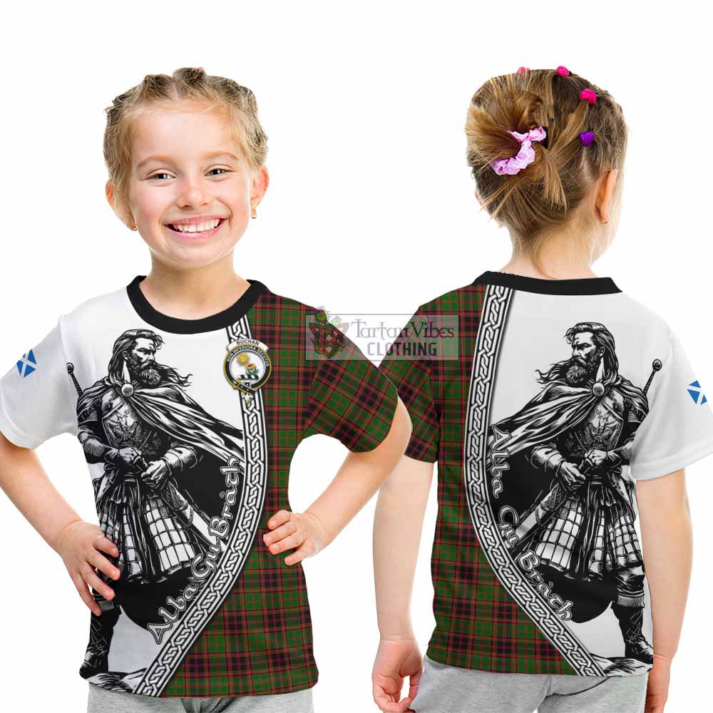 Buchan Tartan Clan Crest Kid T-Shirt with Highlander Warrior Celtic Style